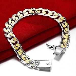 Cuban Chain Link Sterling Silver Gold Two Tone Silver Unisex Bracelet